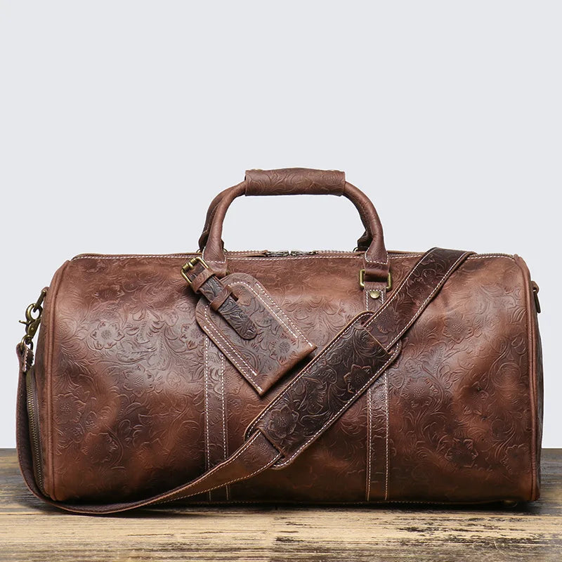 LEATHFOCUS Vintage Leder Reisetasche – Geprägte Duffle Bag aus echtem Rindsleder, große Business-, Wochenend- &amp; Sporttasche für Damen &amp; Herren