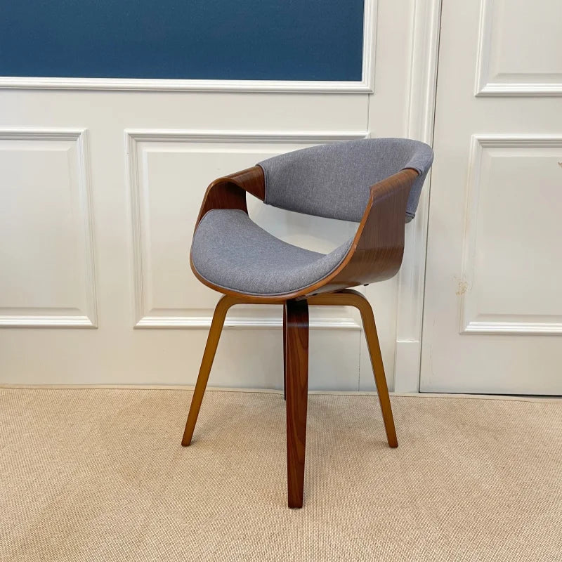 Esszimmerstuhl mit geschwungener Rückenlehne de mediados de siglo – Gepolsterter Armlehnenstuhl aus Stoff oder Kunstleder mit Holzbeinen, silla decorativa más moderna 