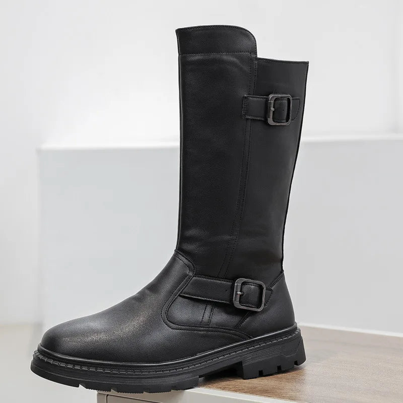 OLOMM Botas vaqueras altas para hombre – Handgefertigte Lederstiefel aus Rindsleder mit Reißverschluss, dicke Sohle, Größen 38-46