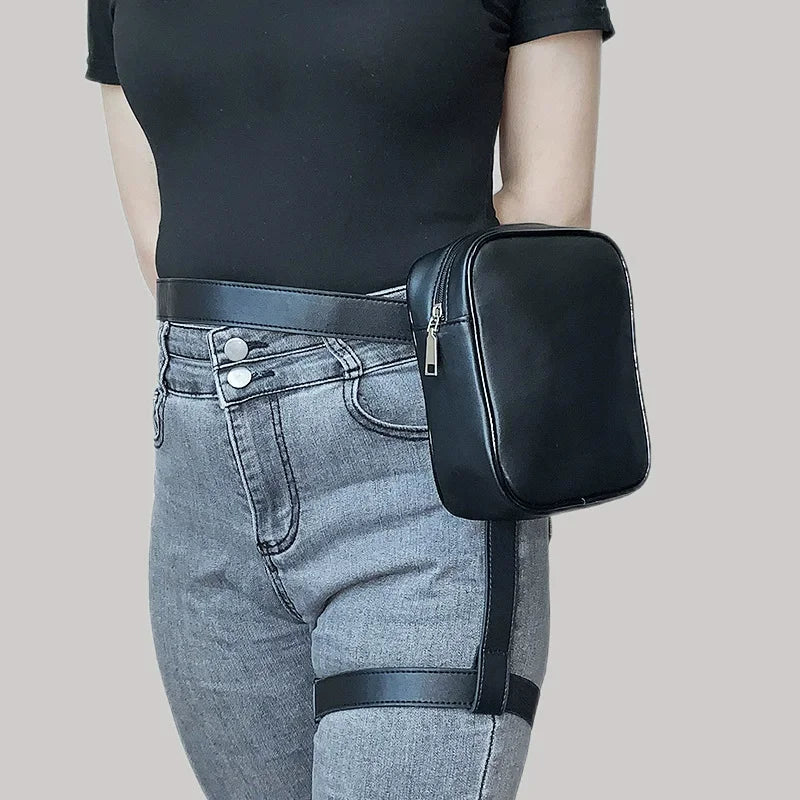 Trendy Damen Hüfttasche 2025 – Schwarze PU-Leder Fanny Pack & Beintasche für Outdoor, Hiking & Motorrad