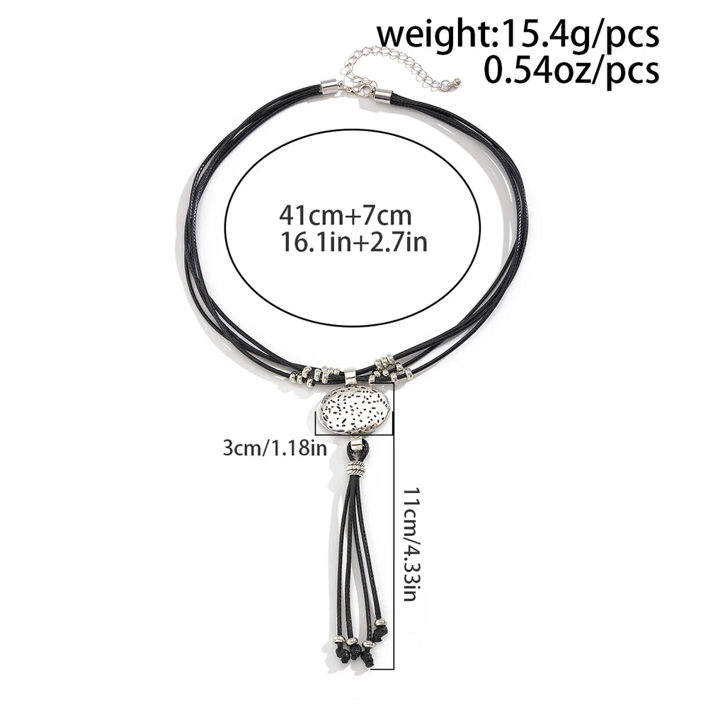 Vintage Leder-Wachs Halskette mit rundem Silberanhänger & Quaste – Ethnischer Boho Schmuck für Damen im Retro-Stil