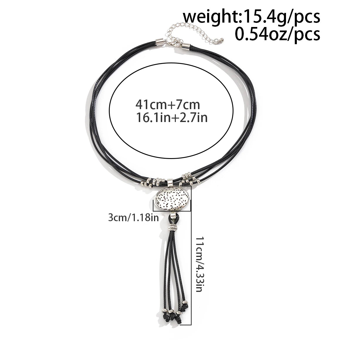 Vintage Leder-Wachs Halskette mit rundem Silberanhänger & Quaste – Ethnischer Boho Schmuck für Damen im Retro-Stil