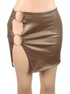 Damen PU Leder Minirock Schwarz – High Waist Bodycon Rock mit Metallring & Seitenschlitz, figurbetonter Club- & Partyrock in Lederoptik