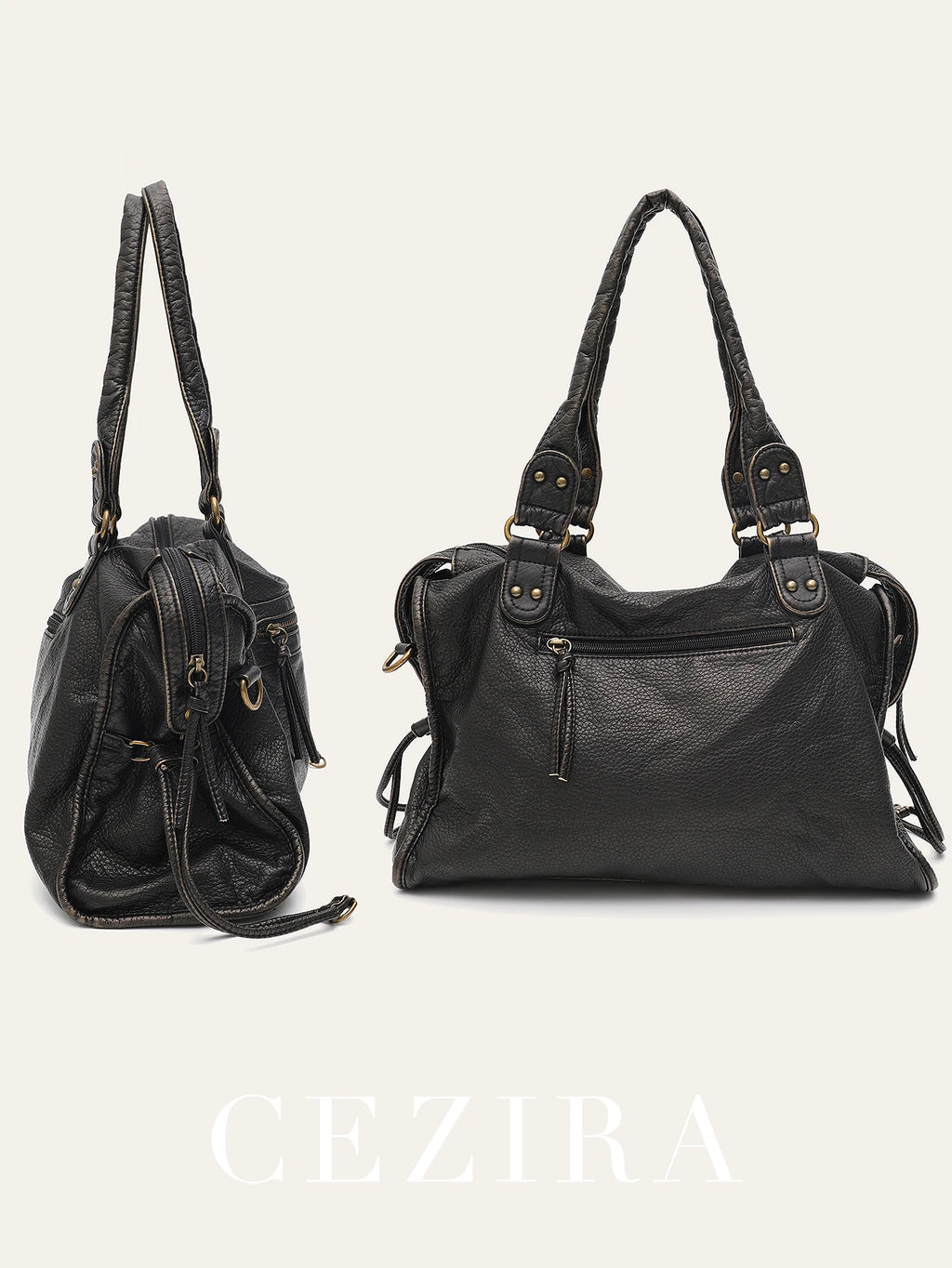 Vintage Tote Bag aus gewaschenem PU-Leder – Große Schulter- & Crossbody Tasche mit Zipperfächern, Flecht- & Quastendetails