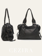 Vintage Tote Bag aus gewaschenem PU-Leder – Große Schulter- & Crossbody Tasche mit Zipperfächern, Flecht- & Quastendetails