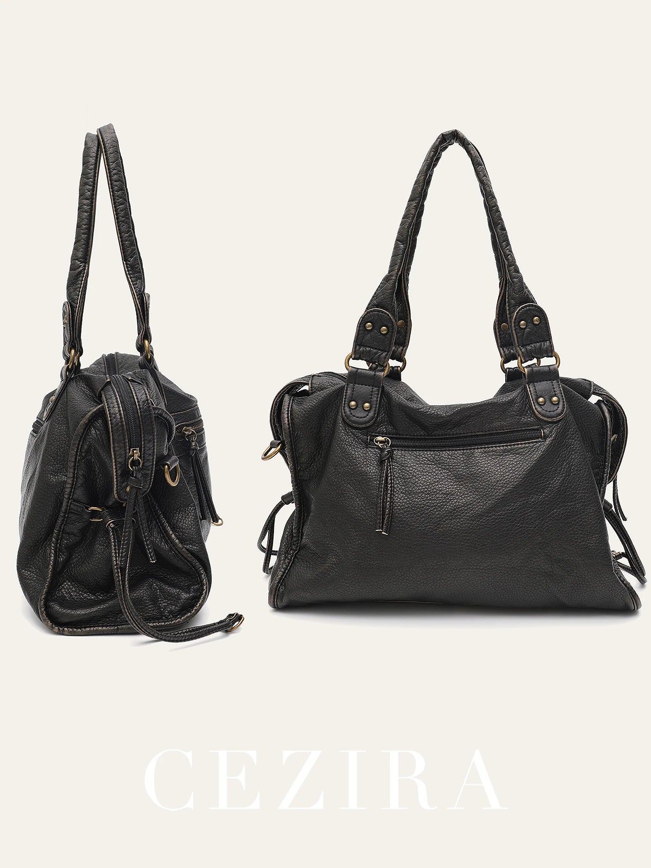 Vintage Tote Bag aus gewaschenem PU-Leder – Große Schulter- & Crossbody Tasche mit Zipperfächern, Flecht- & Quastendetails