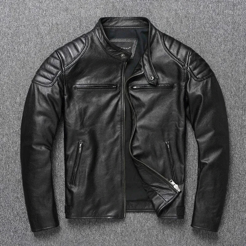 Herren Echtlederjacke aus Rindsleder – Motorradjacke mit Stehkragen & Reißverschluss, robuste Biker Jacke für alle Jahreszeiten in Plus Size