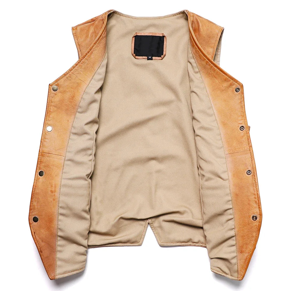 Retro Vintage Herren Lederweste aus Schafs- & Ziegenleder – Gelbe Slim Fit Weste mit V-Ausschnitt, kurz & ärmellos