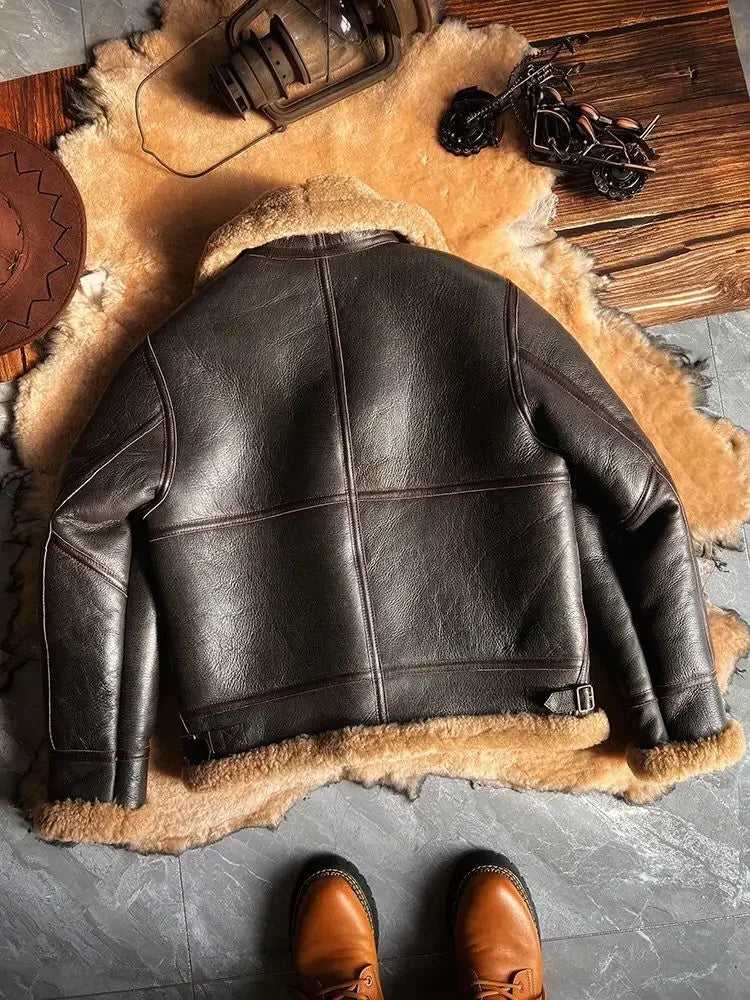 Herren Winter Lederjacke aus echtem Shearling – Schafleder Jacke mit warmem Wolllammfell-Futter, Braun, große Größen bis 5XL