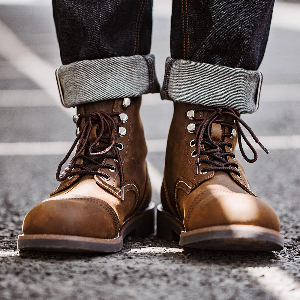 MADEN Hommes Vintage 8111 Bottines – Erstklassige Rindsleder Paratrooper Motorradstiefel für Herbst &amp; Winter 