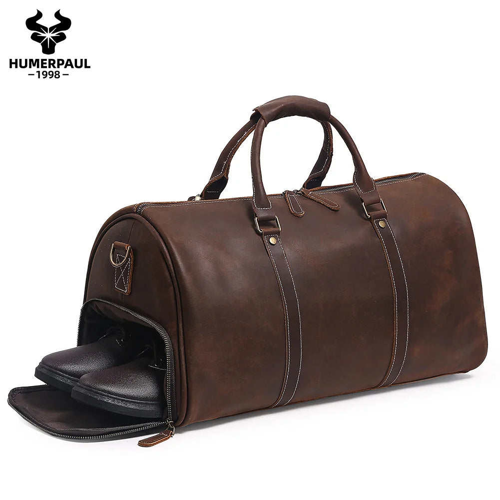 HUMERPAUL Crazy Horse Leder Business Duffle Bag - Bolsa grande con ruedas de grano completo con 15 pulgadas para computadora portátil y funda para portátil