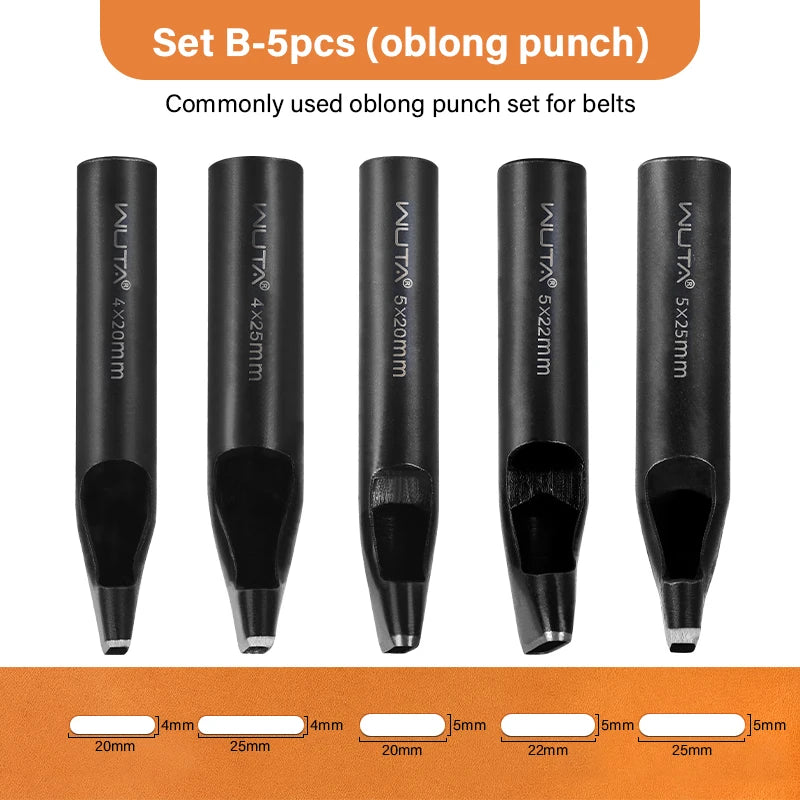 WUTA Basic Series Langloch Lederstanzer Set (3–7 tlg.) – Ovale Lochpfeifen aus Carbonstahl für Gürtel, Uhrenarmbänder & Lederarbeiten