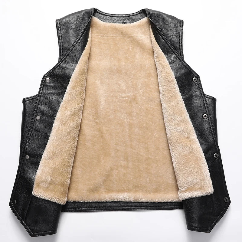Herren Lederweste mit warmem Fleece-Futter – Winter V-Ausschnitt Weste, einreihig & bequem, Casual Lederweste für Herbst & Winter