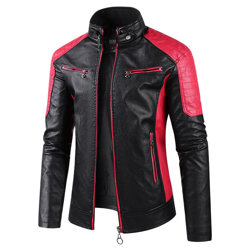 Herren PU Leder Motorradjacke mit Stehkragen – Farbblock Design, leichte Bikerjacke im Casual Style für Frühling & Herbst