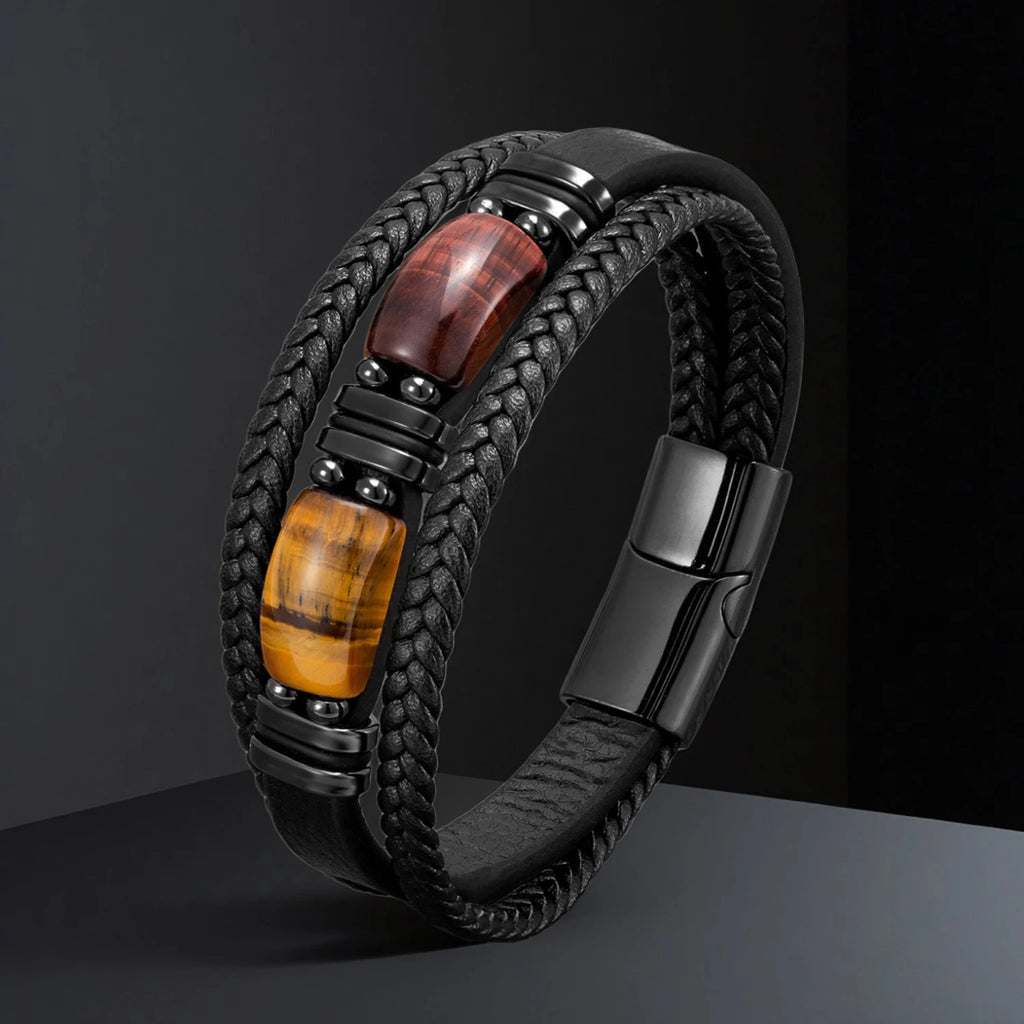 Handgefertigtes Naturstein Lederarmband – Boho Perlenarmband mit Magnetverschluss, verstellbares Unisex Armband für Damen & Herren (Großbestellung)