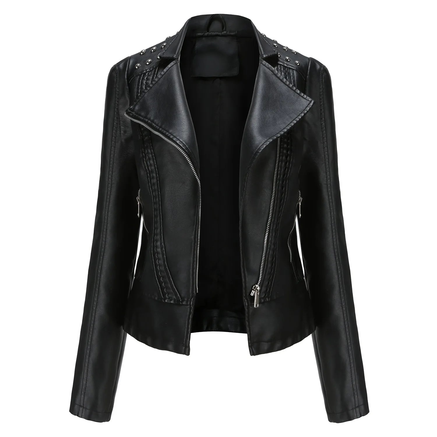Damen Punk Biker Lederjacke mit Nieten – Kurze Slim Fit Faux Leather Jacke mit Reverskragen, Retro Moto Jacke für Frühjahr & Herbst