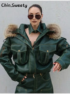 Damen Lederlook Zweiteiler 2025 – High-Street Set con chaqueta y manguera con abnehmbarer Kunstfell-Kapuze, Herbst- &amp; Winter-Outfit mit Stil