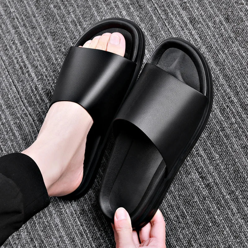 BPOXE Herren Leder Slipper 2025 – Echtleder Flip-Flops mit dicker Sohle, rutschfest, schwarze Sommer Sandalen für Alltag & Business-Casual