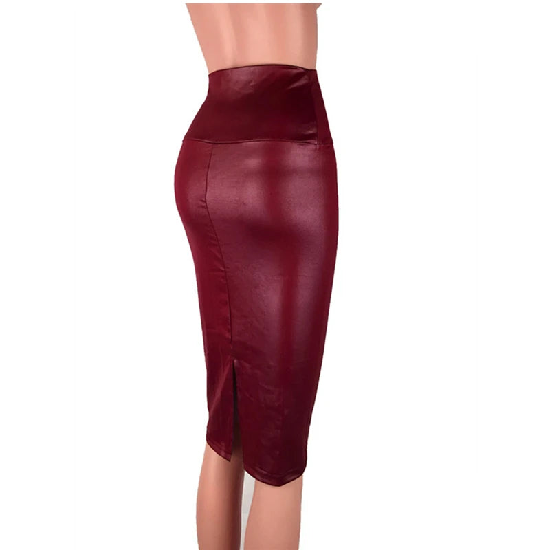 Damen Bleistiftrock aus Kunstleder mit Rückenschlitz – Eleganter High-Waist Pencil Skirt, knie­lang, Slim Fit für Office & Sommer
