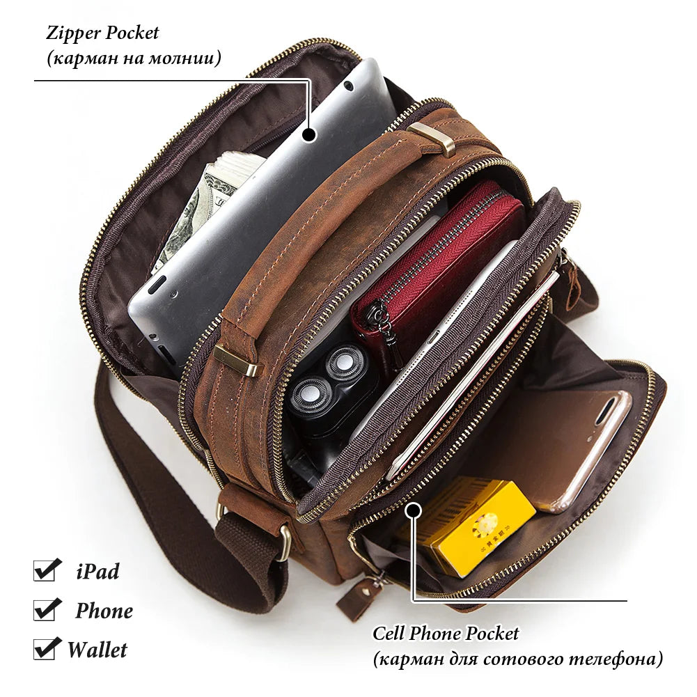 HUMERPAUL Herren Leder Schultertasche – Vintage Crossbody Messenger Bag aus Echtleder mit Großer Kapazität