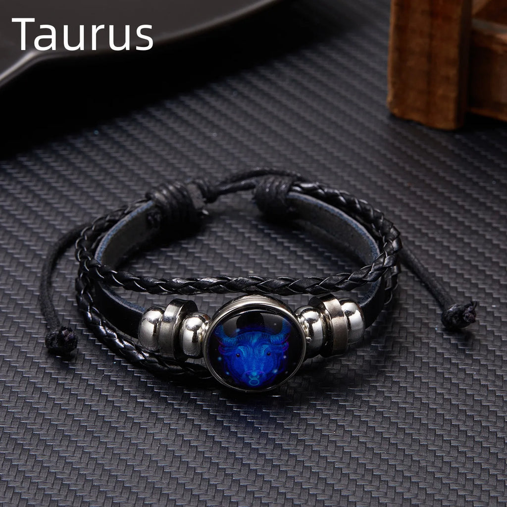 Leuchtendes Sternzeichen Lederarmband – Multilayer Wickelarmband mit Tierkreis-Charm für Damen & Herren, ideales Geschenk