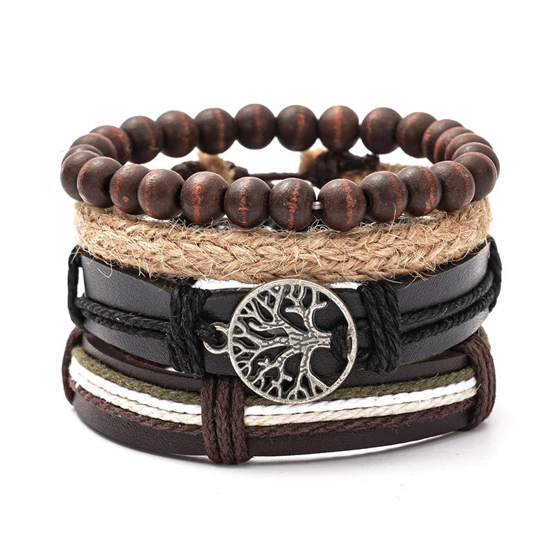 Vintage Lederarmband für Herren – Mehrfach geflochtenes Armband mit braunen Holzperlen, verstellbares Zugband im klassischen Stil
