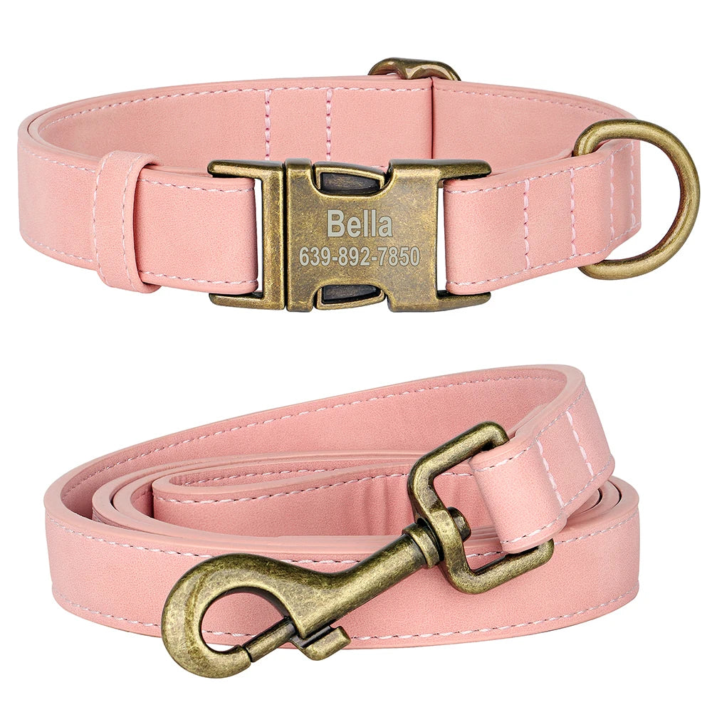 Personalisiertes Hunde-Halsband & Leinen-Set aus PU-Leder – Verstellbares Anti-Verlust Halsband mit gravierter Metallschnalle für kleine & mittelgroße Hunde