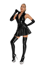 Dames Lederoptik Mini Kleid Plus Size – Glänzendes PVC Latex Look Kleid mit Stehkragen, figurbetontes Club- &amp; Party-Kleid (Set-Optionen) 