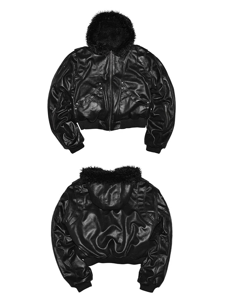 Herren Oversized PU-Lederjacke mit Kunstfell-Kapuze – Kurze High-Street Designer Jacke, warm & luxuriös für Herbst & Winter