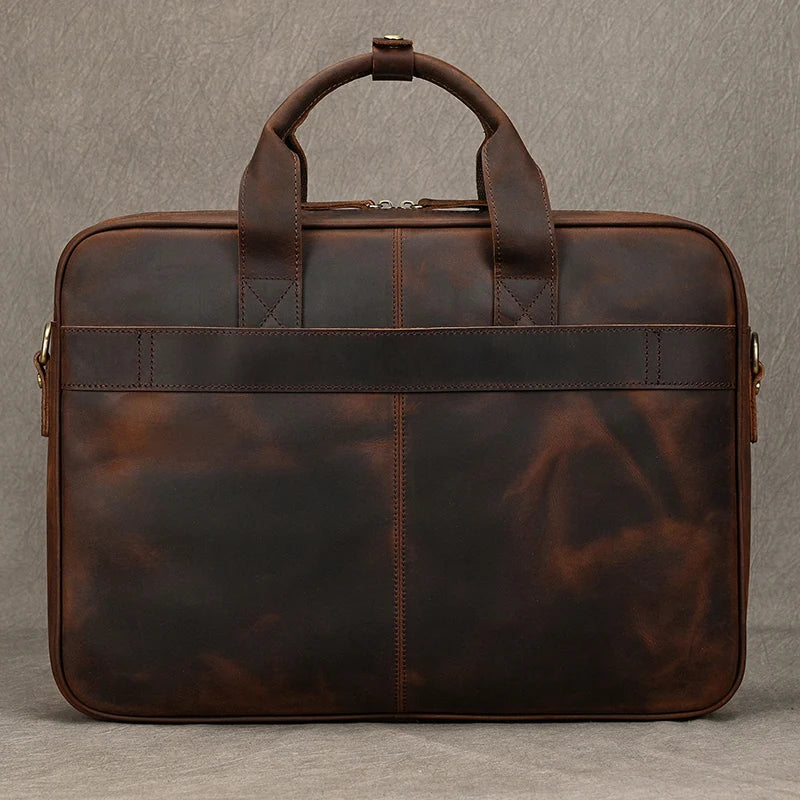 Luufan Herren Leder-Aktentasche - Maletín de cuero Vintage Crazy Horse para portátil de 15,6", bolso bandolera grande para negocios