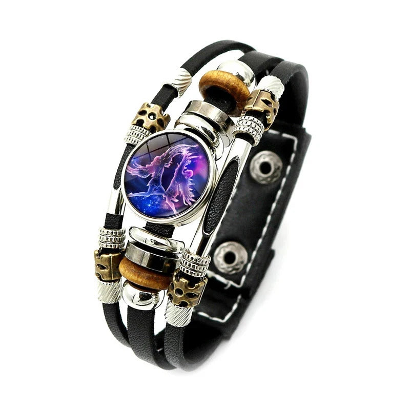 Sternzeichen Lederarmband mit Druckknopf – Zodiac Armband mit Glas-Cabochon für Damen & Herren, 12 Sternzeichen Unisex Schmuck