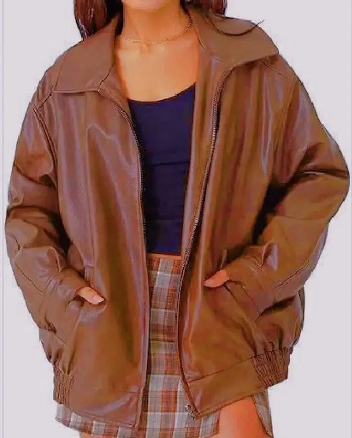 Damen PU Lederjacke Loose Fit – Lässige Herbst Winter Jacke mit Reißverschluss, Umlegekragen & Vollärmeln