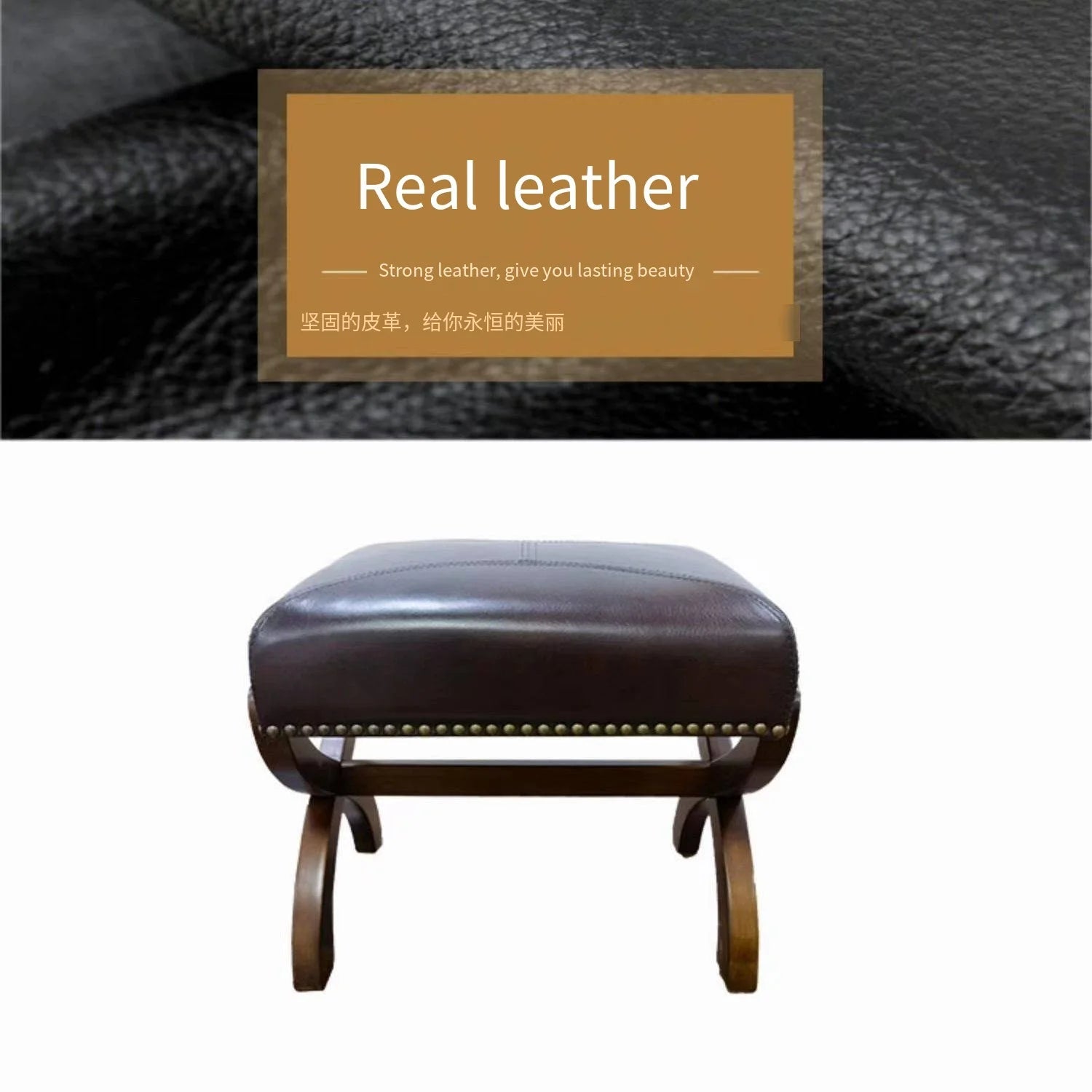 Amerikanischer Lederhocker aus Massivholz – Stilvoller Schuhhocker & Fußhocker mit gepolsterter Sitzfläche für Wohnzimmer, Flur & Schlafzimmer