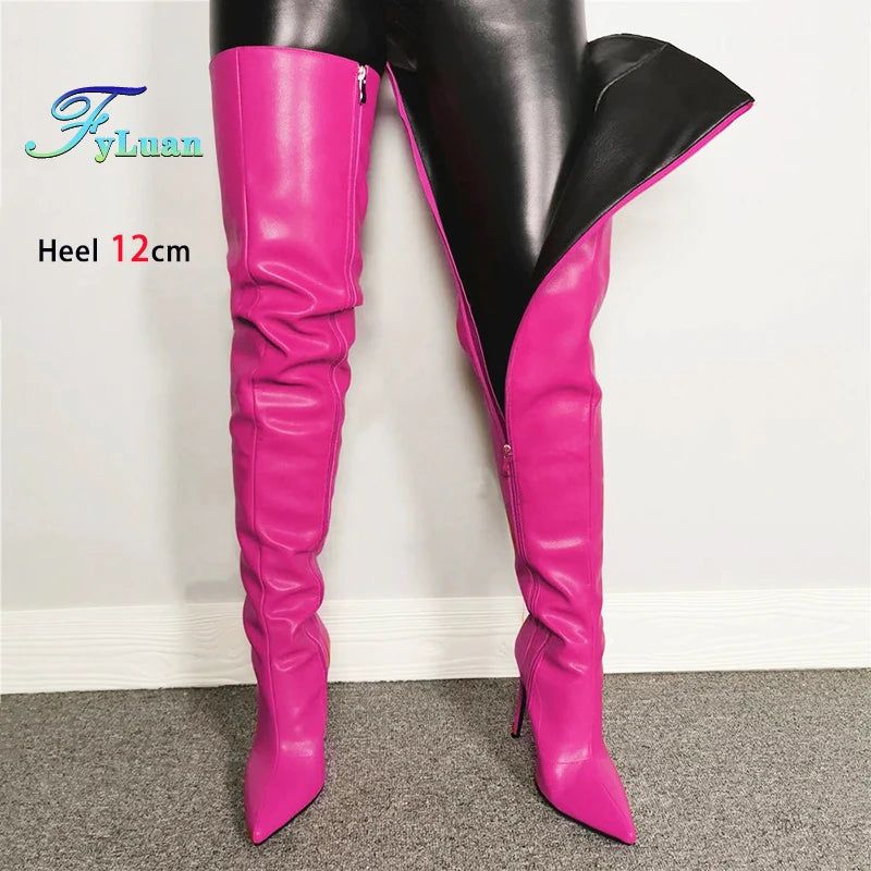 Damen Overknee Stiefel mit seitlichem Reißverschluss – Spitze Thigh-High Boots aus Lederoptik mit 12 cm Stiletto & Plateau (bis Größe 47)
