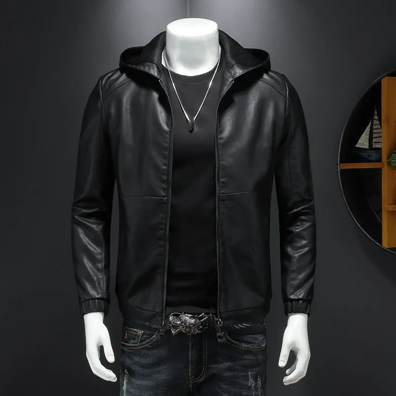 Herren PU-Lederjacke mit Kapuze – Schwarze Motorradjacke im Casual Streetwear Style für Herbst & Winter