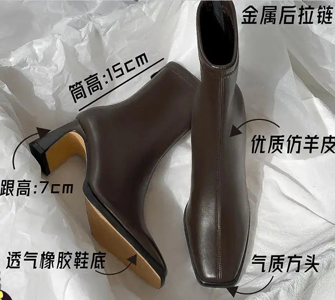 UETEEY Damen Ankle Boots mit eckiger Zehenform – Komfortable Stiefeletten mit Blockabsatz, Reißverschluss & Retro-Design