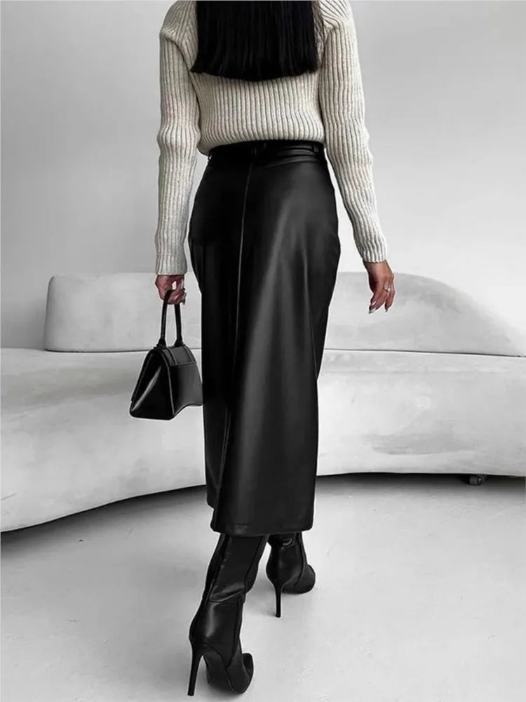 Damen PU Leder Midirock Schwarz – High Waist Rock mit Frontschlitz, eleganter Office- & Alltagsrock in Lederoptik für Herbst