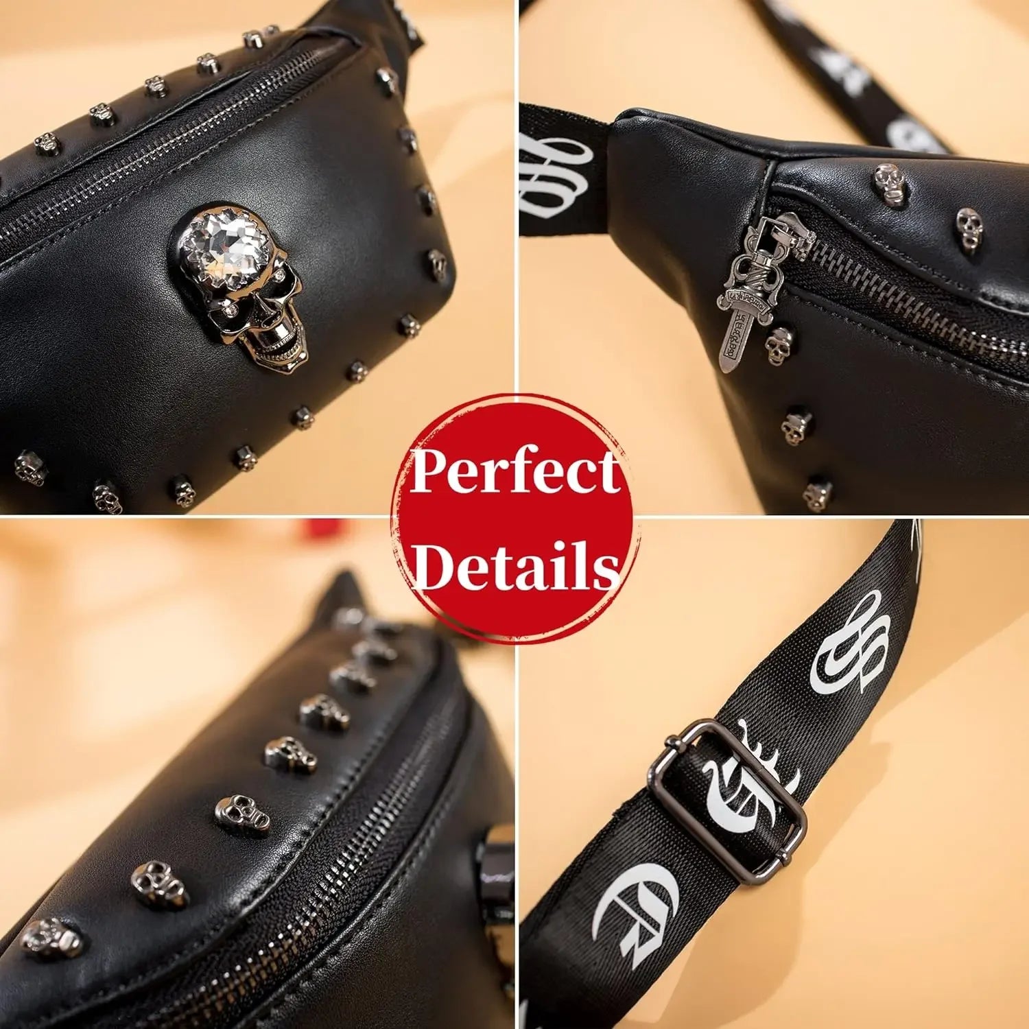 Damen Leder Bauchtasche mit Totenkopf-Design – Schwarze Fanny Pack & Crossbody Belt Bag für Festivals, Reisen & Outdoor
