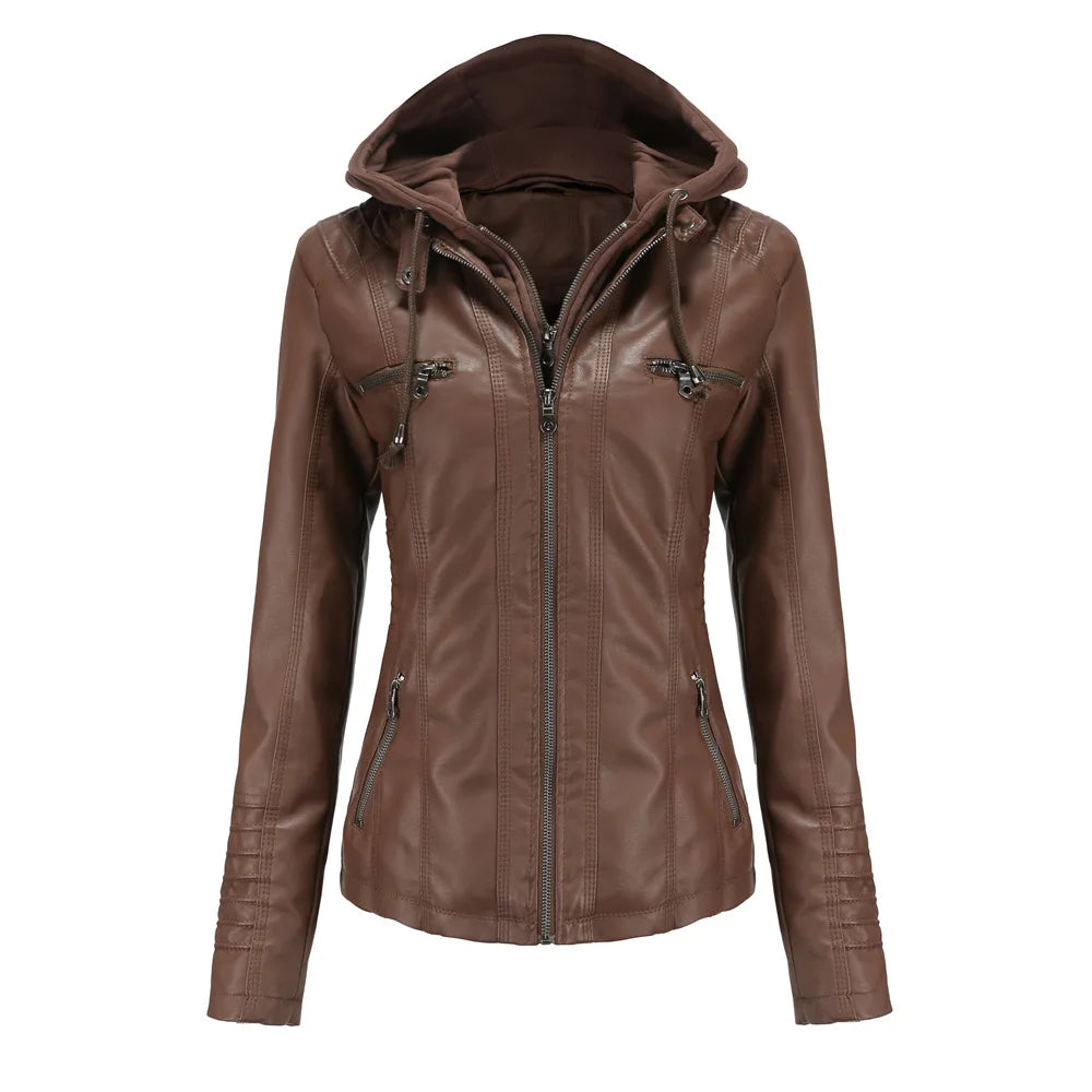Damen PU Motorrad-Lederjacke mit Kapuze – Schwarze Biker Jacke aus Faux Leather, Herbst & Winter Mantel für Frauen XS–7XL