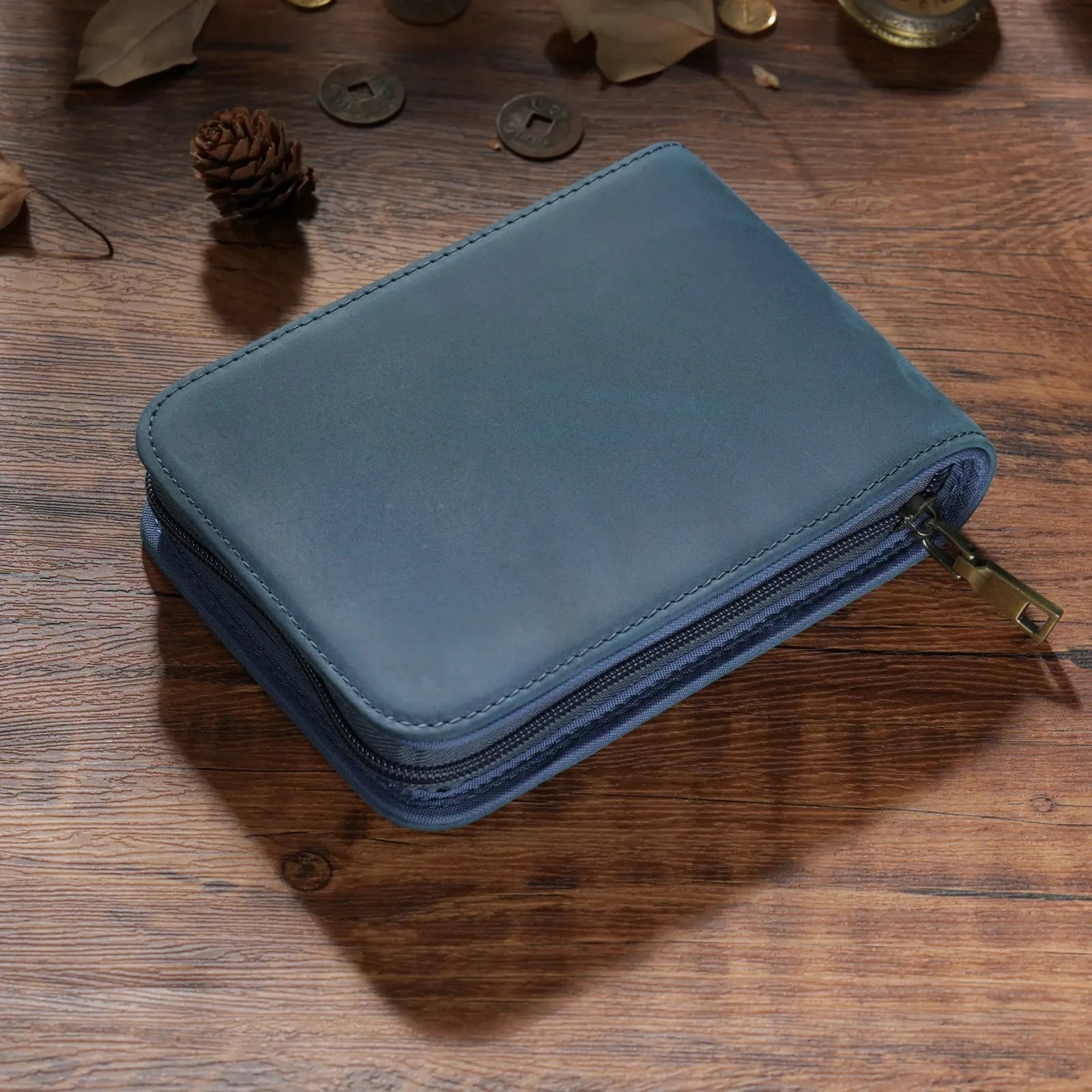 Vintage Leder Füller-Etui für 12 Stifte – Großes Reißverschluss Stiftemäppchen aus echtem Leder für Schule &amp; Büro 