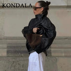 KONDALA Damen Kunstleder Mantel Herbst & Winter 2025 – Vintage Faux Leather Coat mit Reißverschluss, Umlegekragen & Epauletten, Streetwear Look