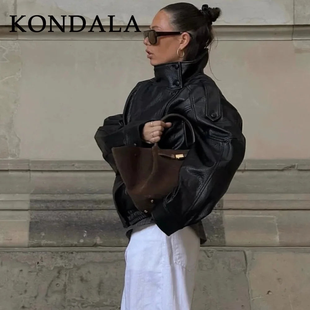 KONDALA Damen Kunstleder Mantel Herbst & Winter 2025 – Vintage Faux Leather Coat mit Reißverschluss, Umlegekragen & Epauletten, Streetwear Look
