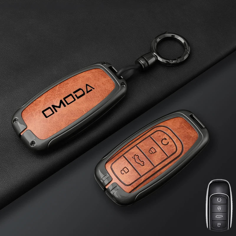 Premium Leder-Metall Autoschlüssel Hülle für Chery Omoda – Key Case Cover für Omoda C5, E5, C9, Omoda 5 & 9 (EV & PHEV 2024–2025)