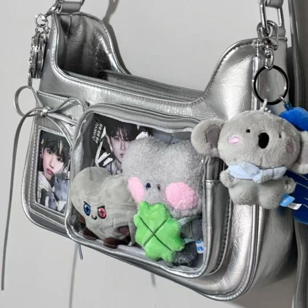 Y2K Harajuku Damen Schultertasche – Transparent Ita Bag im koreanisch-japanischen Preppy-Stil mit Schleife, Sac à main bandoulière