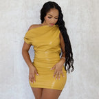 Elegantes One-Shoulder PU-Leder Minikleid – Gerüschtes Bodycon Kleid für Damen im Sexy Club & Party Stil