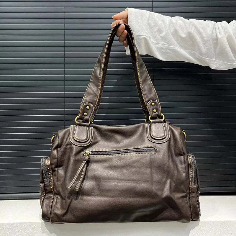 Bolso tote Punk Biker para mujer – Bolso grande de piel sintética y bandolera en estilo moto con bolsillos y múltiples bolsillos 