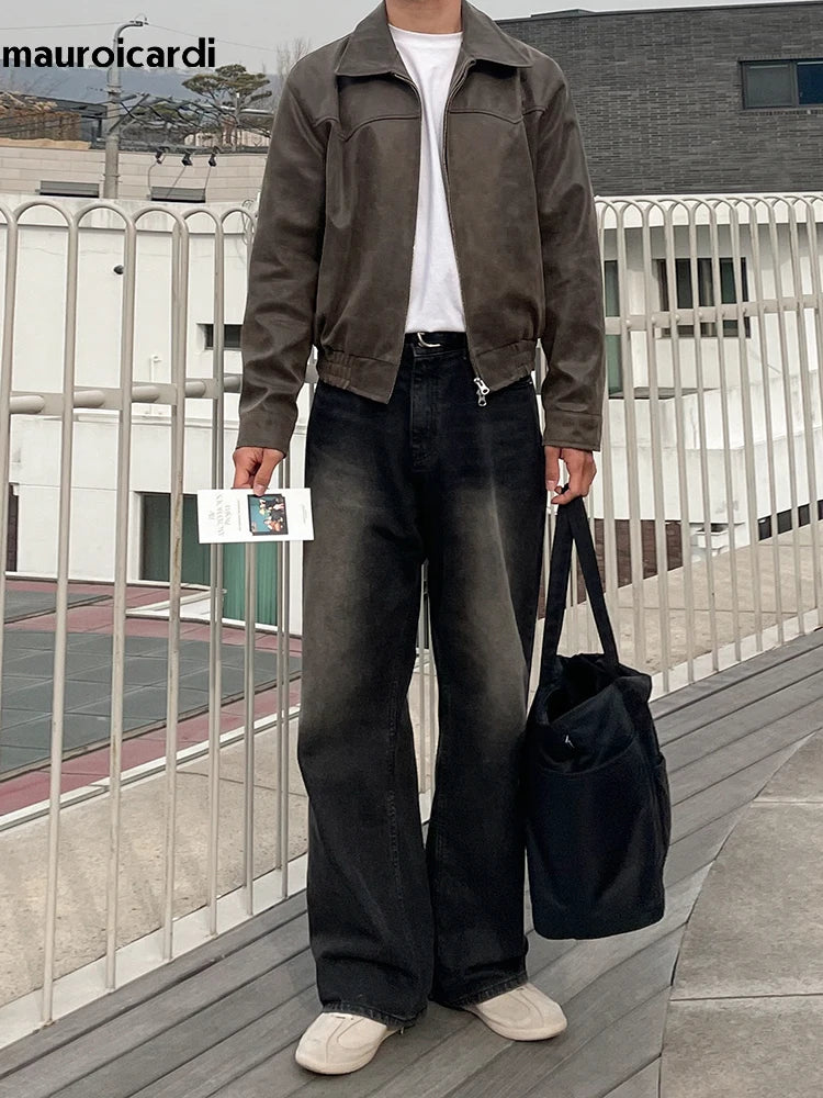 Vintage Herren PU-Lederjacke in Braun – Leichte, gewaschene Kurzjacke im Korean Style mit Reißverschluss für Frühling & Herbst