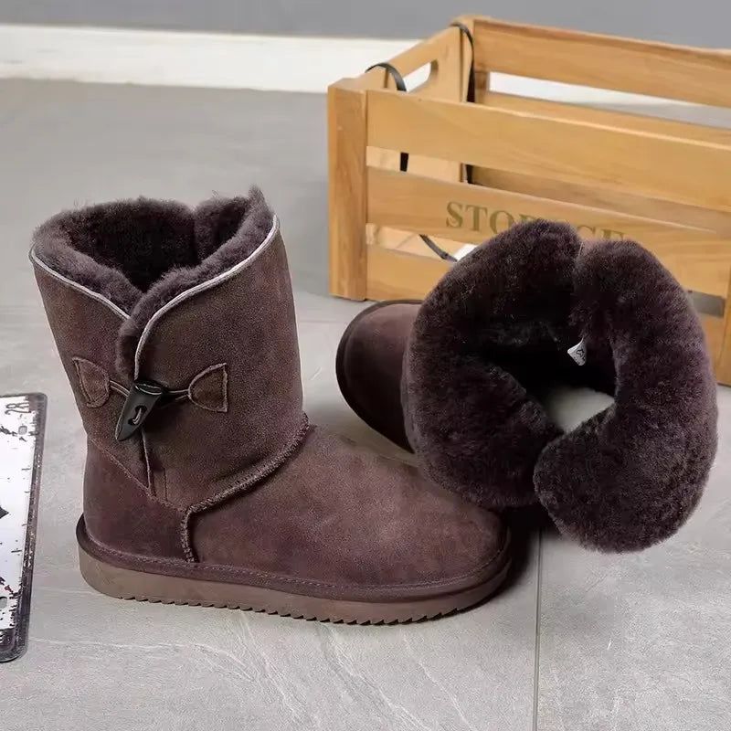 Damen Snow Boots aus echtem Leder & Naturfell – Klassische Winterstiefel aus Wildleder, warm gefüttert & wasserdicht