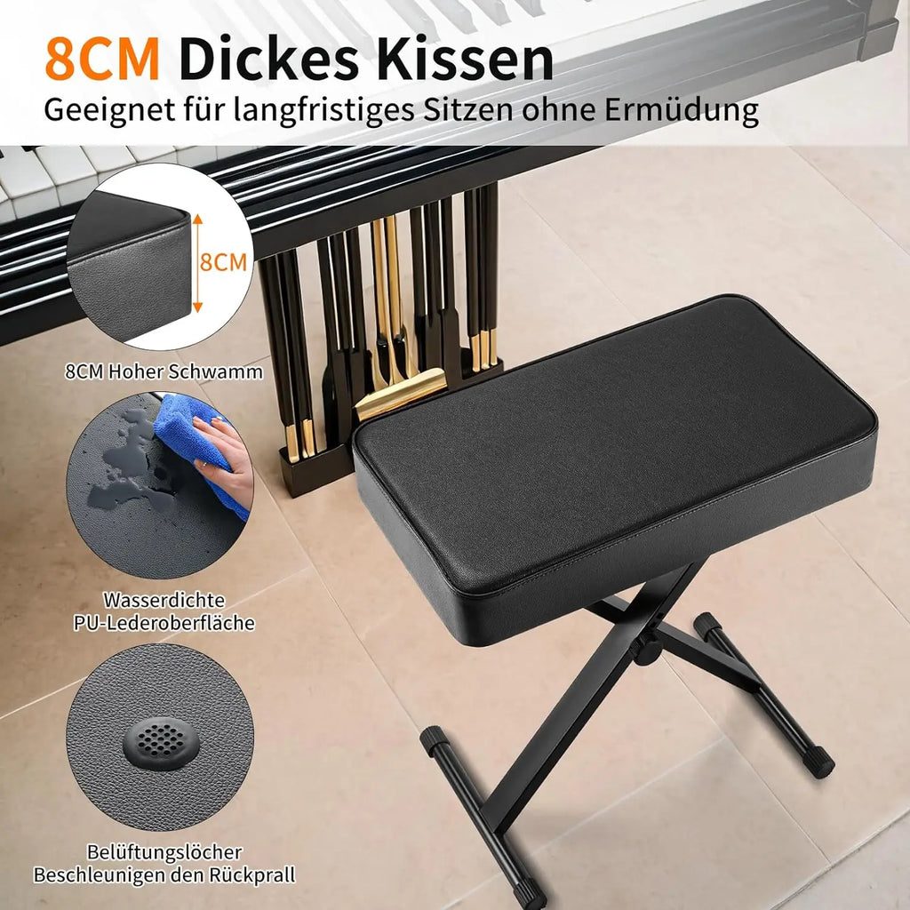 Klappbarer Klavierhocker mit 8 cm PU-Polster – Höhenverstellbarer X-Keyboard-Stuhl in Schwarz, stable &amp; komfortabel