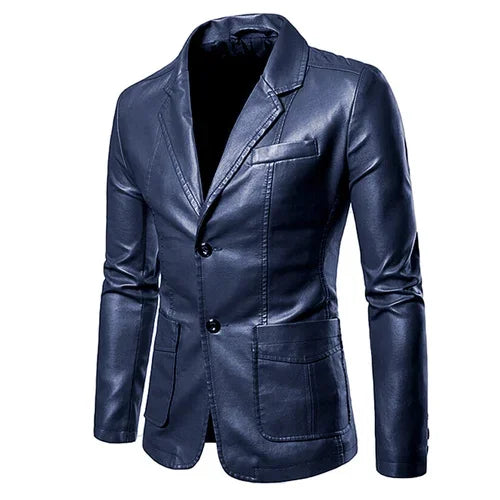 Herren PU Lederblazer mit Revers – Slim Fit Smart-Casual Jacke in Schwarz & Blau für Business, Party & Herbst